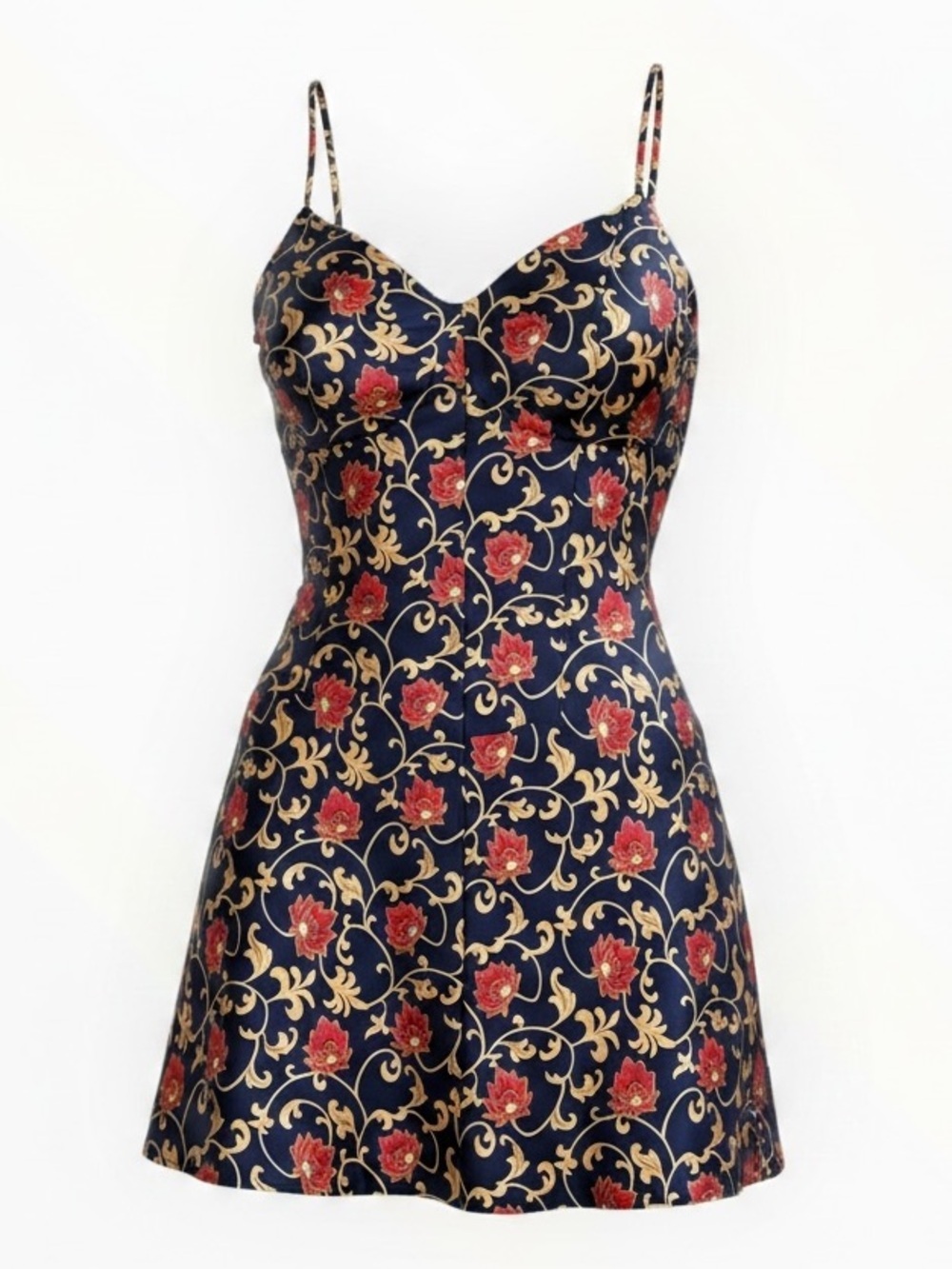 FREDRICK’S OF HOLLYWOOD Navy Slip Dress Red Gold Floral Scroll Lingerie M Y2K